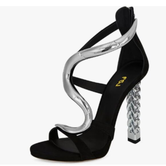 FSJ Silver S Metal Chain Chunky High Heels Ankle Strap Sandals Open Toe Shoes - Picture 1 of 8